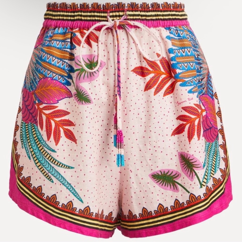 FARM Rio Macaw Shorts Tropical Floral Scarf Print Linen Blend Pull-On Sorts XL